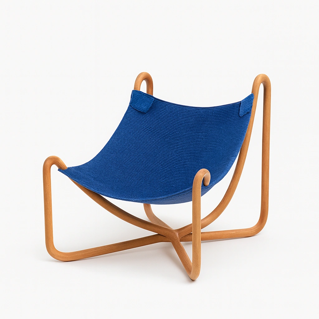 Sedia amaca con struttura in legno curvato e seduta in tessuto blu dal design moderno-woodhomecraft